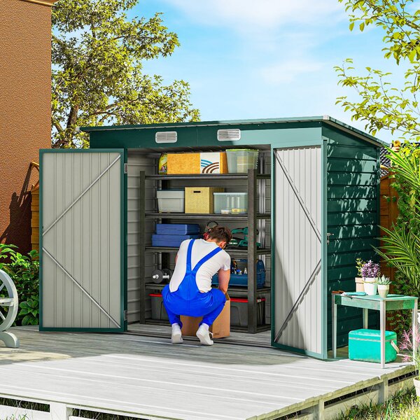 Outsunny Kovový Kůlna na Nářadí 4,1 m² 249x121x183cm S Pultovou Střechou Uzamykatelné Dvoukřídlé Dveře Okno Zahradní Dům Venku Zahradní Kůlna Kabinet