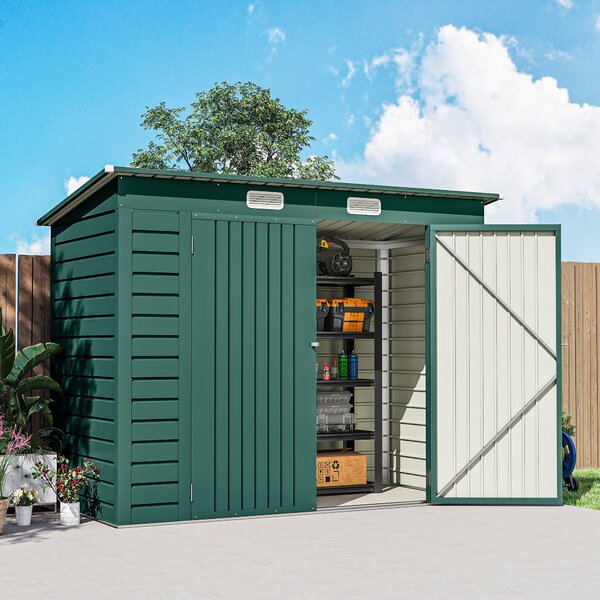 Outsunny Kovový Kůlna na Nářadí 4,1 m² 249x121x183cm S Pultovou Střechou Uzamykatelné Dvoukřídlé Dveře Okno Zahradní Dům Venku Zahradní Kůlna Kabinet