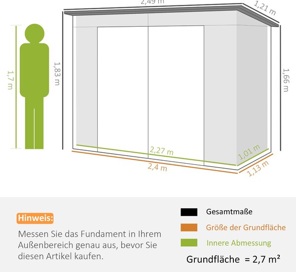 Outsunny Kovový Kůlna na Nářadí 4,1 m² 249x121x183cm S Pultovou Střechou Uzamykatelné Dvoukřídlé Dveře Okno Zahradní Dům Venku Zahradní Kůlna Kabinet