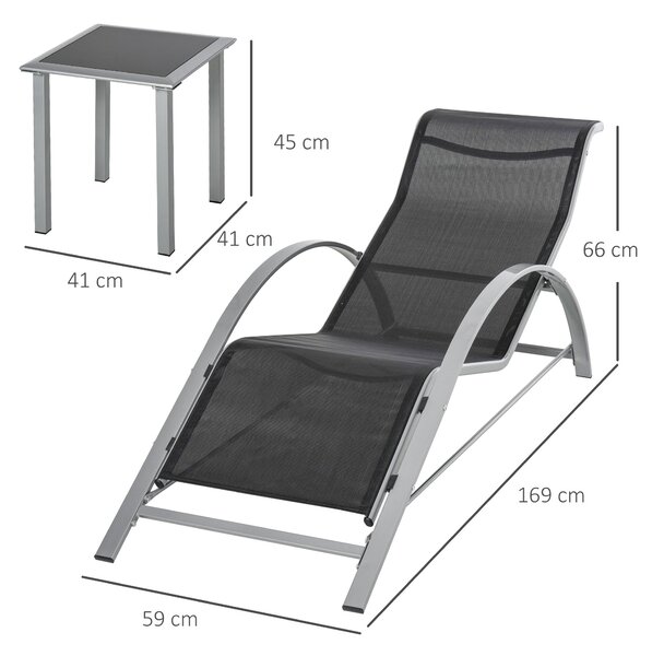 Outsunny Zahradní Sada Lehátka z Kovové Síťoviny 3-dílná Sada Lehátka se Stolkem na Čaj Zahradní Nábytek se 2 Lehátky, 1 Bočním Stolkem Patio Sedací S
