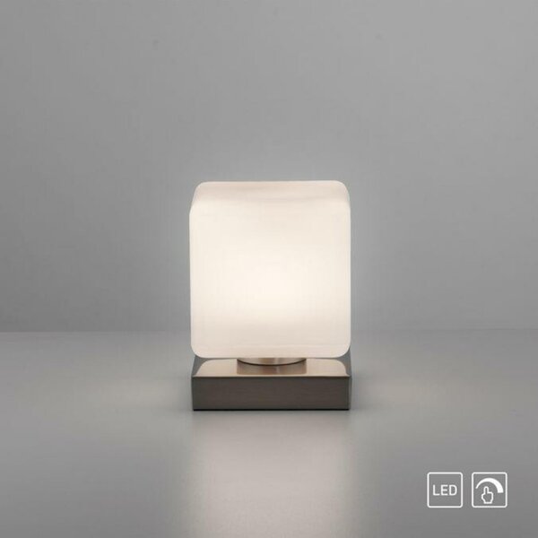 PAUL NEUHAUS LED stolní lampa stříbrná, tvar kostky, dotykový stmívač, nadčasový design 3000K