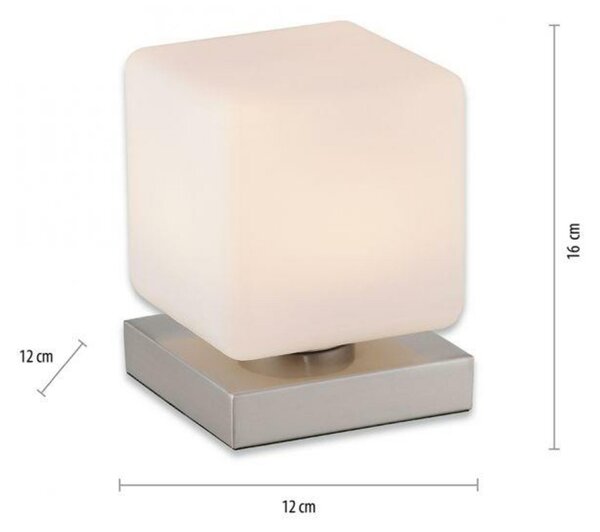 PAUL NEUHAUS LED stolní lampa stříbrná, tvar kostky, dotykový stmívač, nadčasový design 3000K
