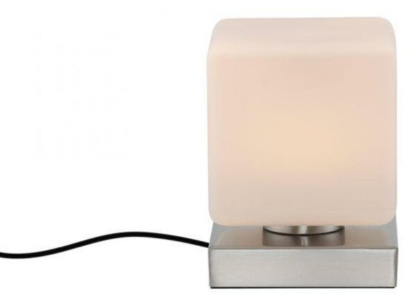 PAUL NEUHAUS LED stolní lampa stříbrná, tvar kostky, dotykový stmívač, nadčasový design 3000K