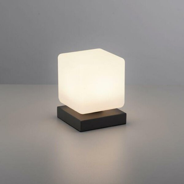 PAUL NEUHAUS LED stolní lampa, antracit, tvar kostky, dotykový stmívač, nadčasový design 3000K