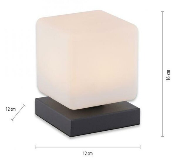 PAUL NEUHAUS LED stolní lampa, antracit, tvar kostky, dotykový stmívač, nadčasový design 3000K