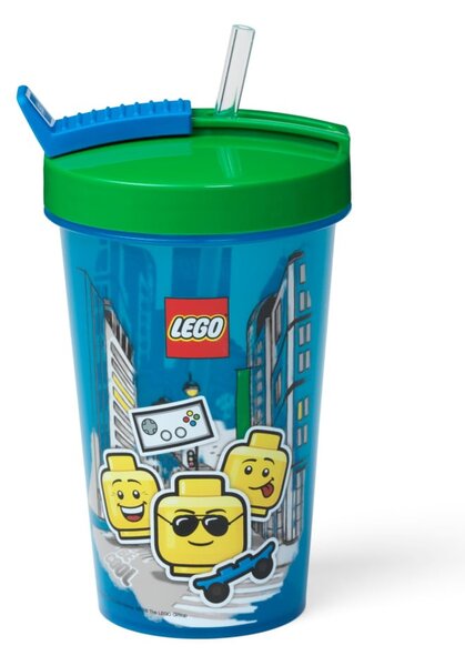 Modrý kelímek se zeleným víčkem a brčkem LEGO® Iconic, 500 ml