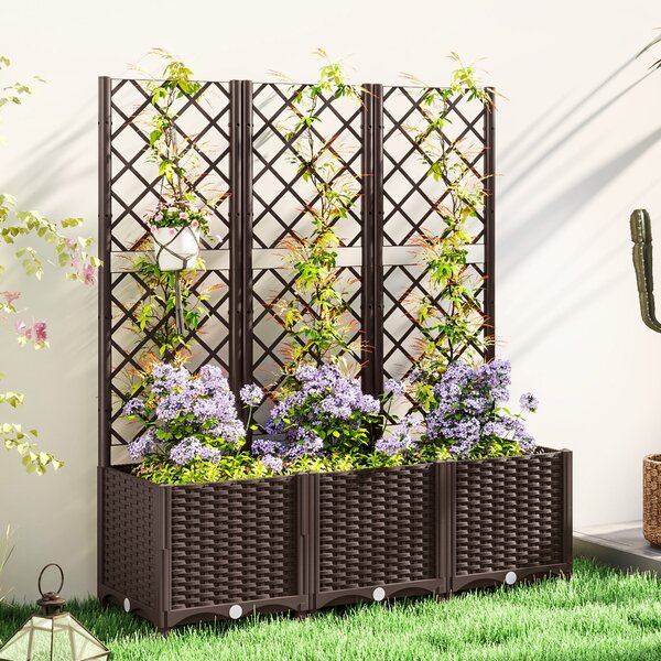 Outsunny PP Zahradní Květináč s Trellis Velký Exteriérový Květináč s Odkapávacími Otvory a Zásobníky Vody pro Popínavé Rostliny Podpora pro Zahradu, T
