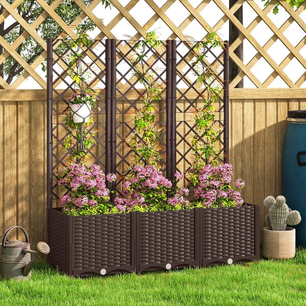 Outsunny PP Zahradní Květináč s Trellis Velký Exteriérový Květináč s Odkapávacími Otvory a Zásobníky Vody pro Popínavé Rostliny Podpora pro Zahradu, T