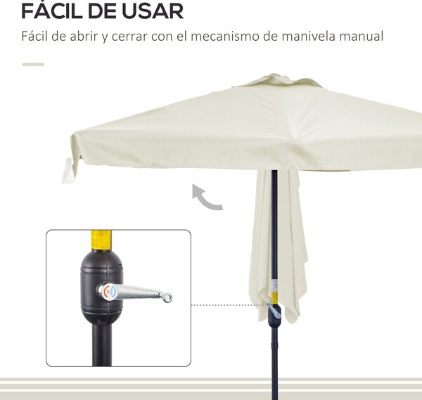 Obdélníkový slunečník Outsunny 230x130x249 cm s bočním upevněním a kličkou, UV ochrana, voděodolný slunečník pro balkon, terasu a zahradu, krémový | A