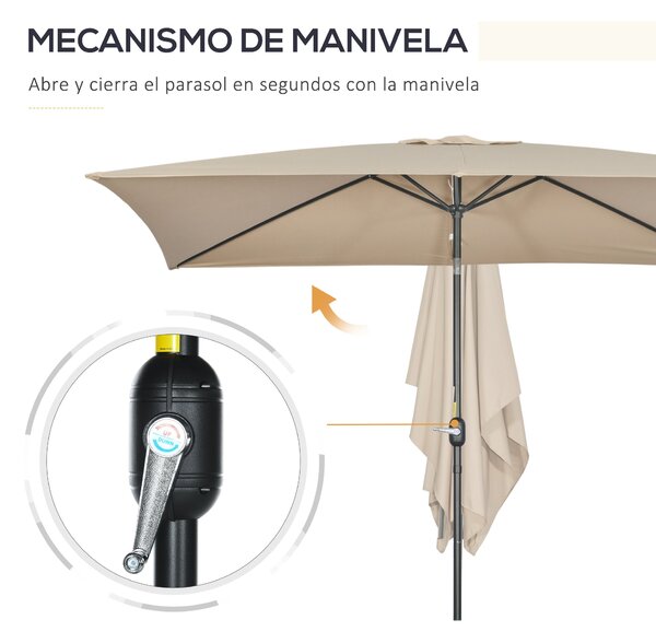 Outsunny Hliníkový Slunečník 200x300x253 cm Obdélníkový Zahradní Slunečník s Kličkou a Odnímatelným Sloupem pro Terasu, Bazén, Patio venkovní Khaki |