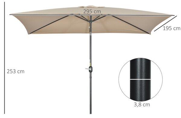 Outsunny Hliníkový Slunečník 200x300x253 cm Obdélníkový Zahradní Slunečník s Kličkou a Odnímatelným Sloupem pro Terasu, Bazén, Patio venkovní Khaki |