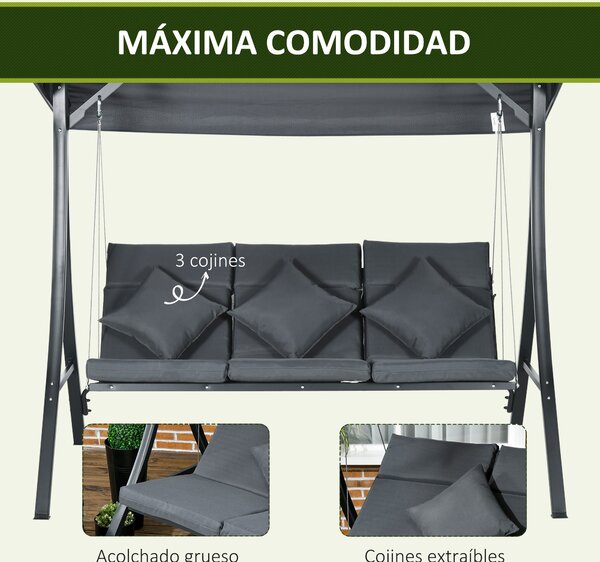 Zahradní houpačka Outsunny pro 3 osoby s nastavitelnou markýzou, 3 polštáři a ocelovou konstrukcí pro terasu, balkon, zátěž 320 kg, 202x115x168 cm, tm