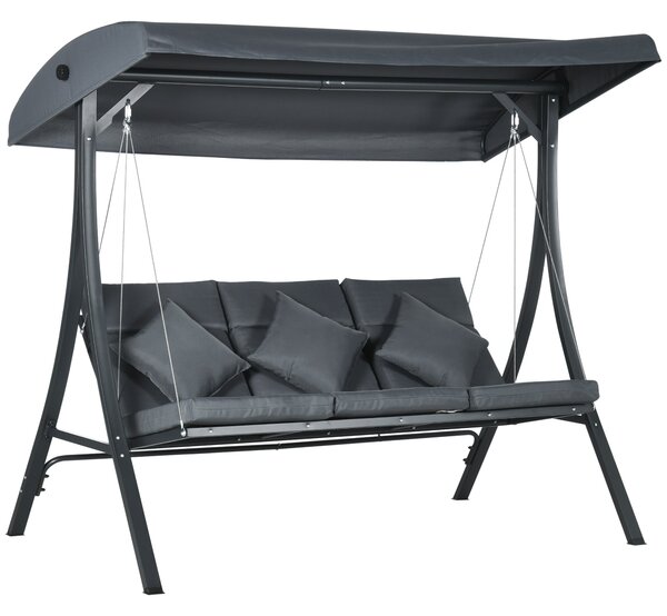 Zahradní houpačka Outsunny pro 3 osoby s nastavitelnou markýzou, 3 polštáři a ocelovou konstrukcí pro terasu, balkon, zátěž 320 kg, 202x115x168 cm, tm