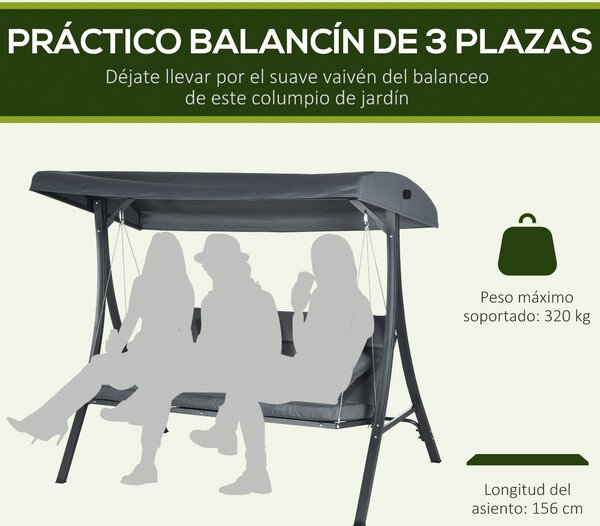 Zahradní houpačka Outsunny pro 3 osoby s nastavitelnou markýzou, 3 polštáři a ocelovou konstrukcí pro terasu, balkon, zátěž 320 kg, 202x115x168 cm, tm