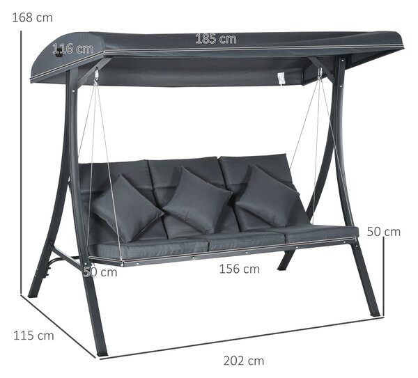 Zahradní houpačka Outsunny pro 3 osoby s nastavitelnou markýzou, 3 polštáři a ocelovou konstrukcí pro terasu, balkon, zátěž 320 kg, 202x115x168 cm, tm