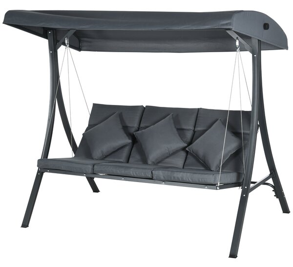 Zahradní houpačka Outsunny pro 3 osoby s nastavitelnou markýzou, 3 polštáři a ocelovou konstrukcí pro terasu, balkon, zátěž 320 kg, 202x115x168 cm, tm