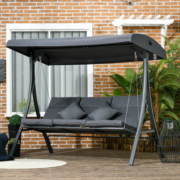 Zahradní houpačka Outsunny pro 3 osoby s nastavitelnou markýzou, 3 polštáři a ocelovou konstrukcí pro terasu, balkon, zátěž 320 kg, 202x115x168 cm, tm