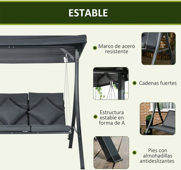 Zahradní houpačka Outsunny pro 3 osoby s nastavitelnou markýzou, 3 polštáři a ocelovou konstrukcí pro terasu, balkon, zátěž 320 kg, 202x115x168 cm, tm