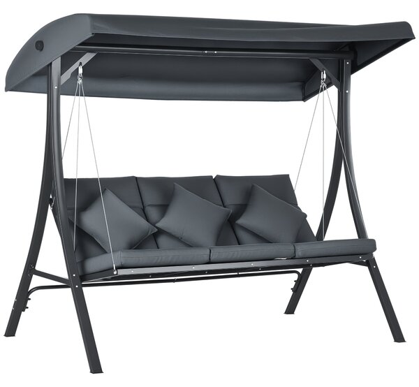 Zahradní houpačka Outsunny pro 3 osoby s nastavitelnou markýzou, 3 polštáři a ocelovou konstrukcí pro terasu, balkon, zátěž 320 kg, 202x115x168 cm, tm