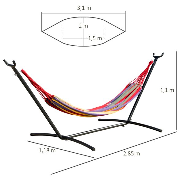 Outsunny Houpací Síť se Stojanem z Oceli - Přenosná Houpací Síť se 6 Nastavitelnými Výškami a Vakem pro Uložení - Nosnost 120 kg 200x150 cm Mnohobarev