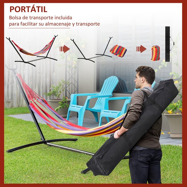 Outsunny Houpací Síť se Stojanem z Oceli - Přenosná Houpací Síť se 6 Nastavitelnými Výškami a Vakem pro Uložení - Nosnost 120 kg 200x150 cm Mnohobarev