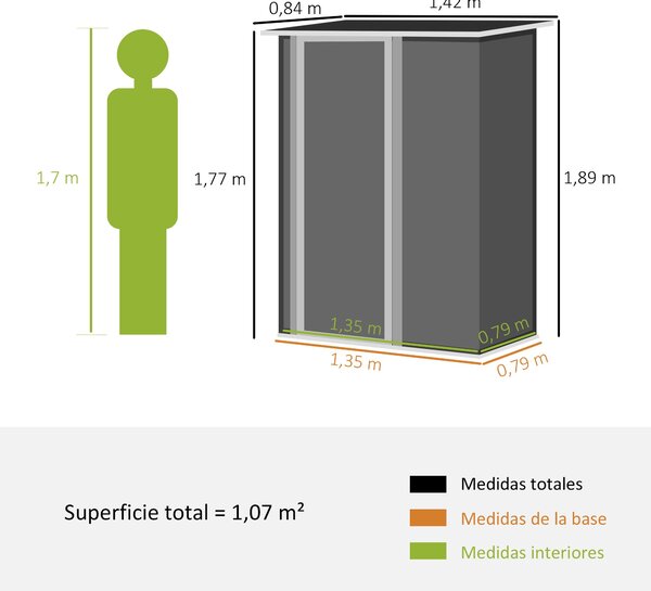 Zahradní domek Outsunny 1,07 m² 142x84x189 cm kovový exteriérový domek se zámkem a odvodňovacími otvory pro ukládání nářadí hnědý | Aosom