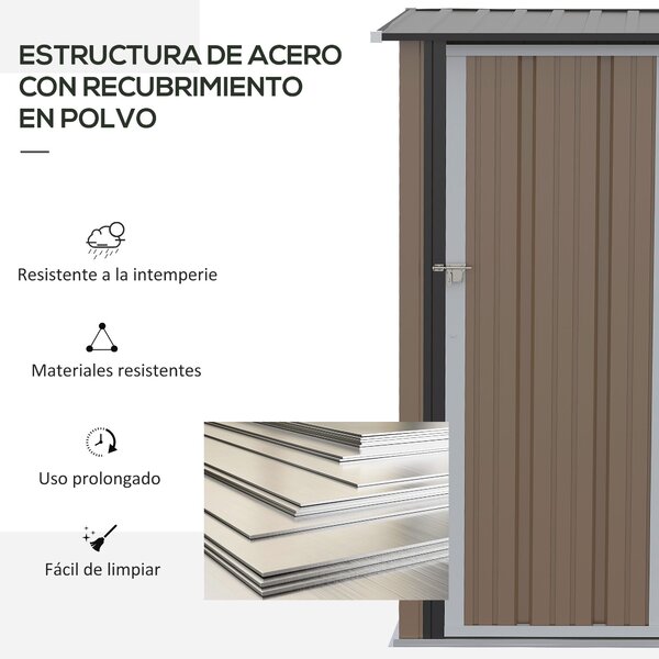 Zahradní domek Outsunny 1,07 m² 142x84x189 cm kovový exteriérový domek se zámkem a odvodňovacími otvory pro ukládání nářadí hnědý | Aosom