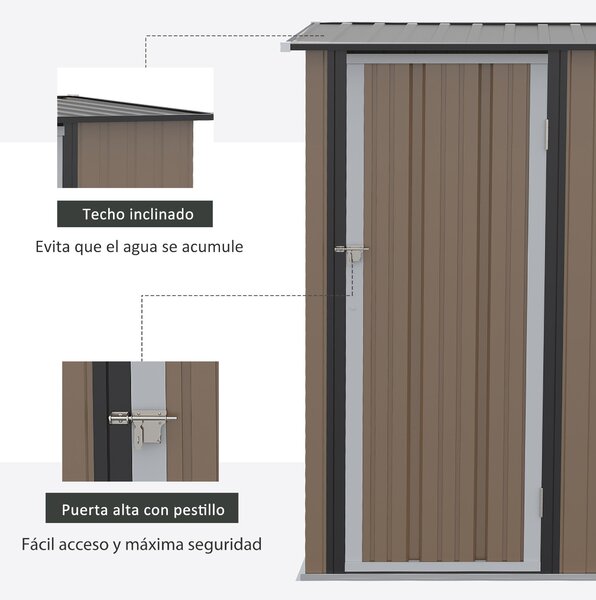 Zahradní domek Outsunny 1,07 m² 142x84x189 cm kovový exteriérový domek se zámkem a odvodňovacími otvory pro ukládání nářadí hnědý | Aosom