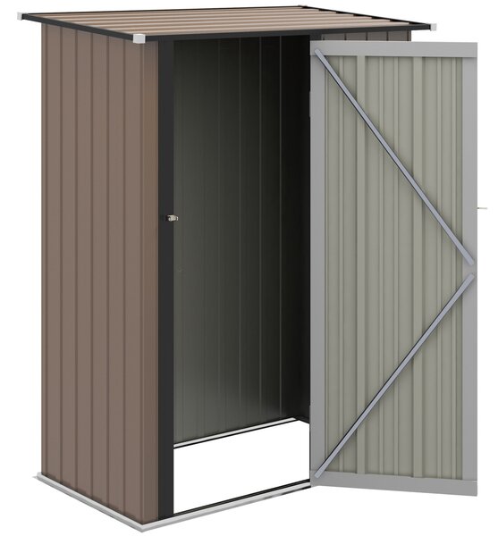 Zahradní domek Outsunny 1,07 m² 142x84x189 cm kovový exteriérový domek se zámkem a odvodňovacími otvory pro ukládání nářadí hnědý | Aosom