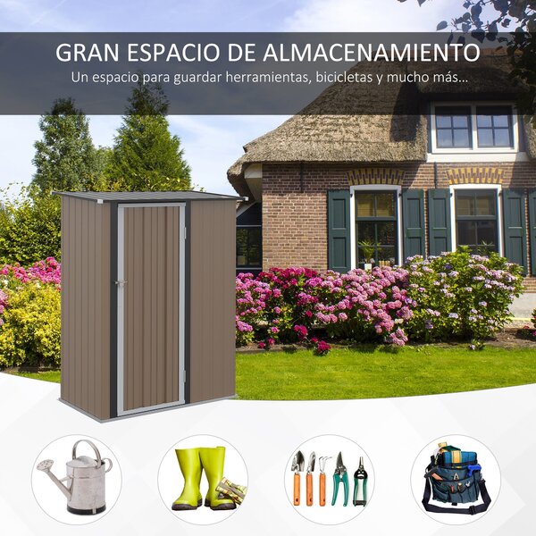 Zahradní domek Outsunny 1,07 m² 142x84x189 cm kovový exteriérový domek se zámkem a odvodňovacími otvory pro ukládání nářadí hnědý | Aosom