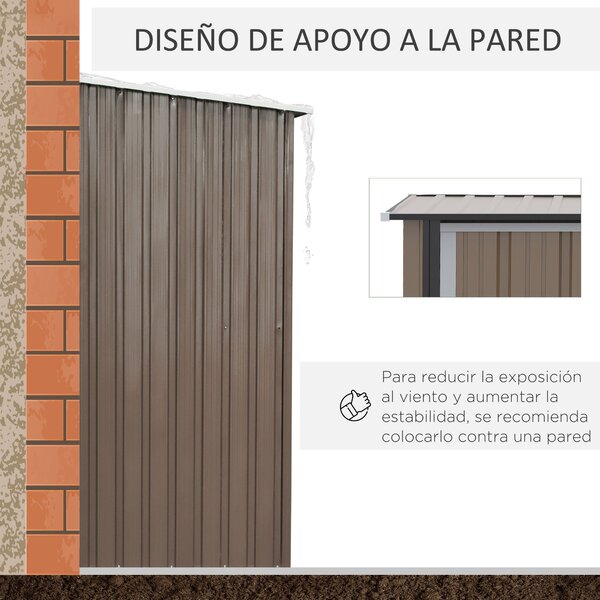 Zahradní domek Outsunny 1,07 m² 142x84x189 cm kovový exteriérový domek se zámkem a odvodňovacími otvory pro ukládání nářadí hnědý | Aosom