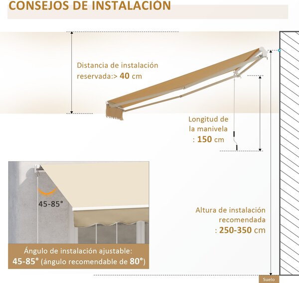 Manuálně ovládané zatahovací slunečník Outsunny 295x245 cm na balkon s kovovým klikovým mechanismem, voděodolný a UV ochranný venkovní roletový sluneč