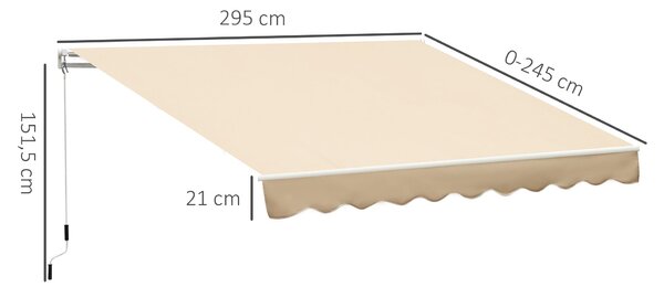 Manuálně ovládané zatahovací slunečník Outsunny 295x245 cm na balkon s kovovým klikovým mechanismem, voděodolný a UV ochranný venkovní roletový sluneč