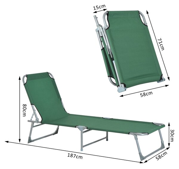 Skládací kempovací postel Outsunny Přenosný slunečník s 4-úrovňovým nastavitelným opěradlem do 120 kg pro pláž, zahradu, bazén a turistiku 187x58x28 c