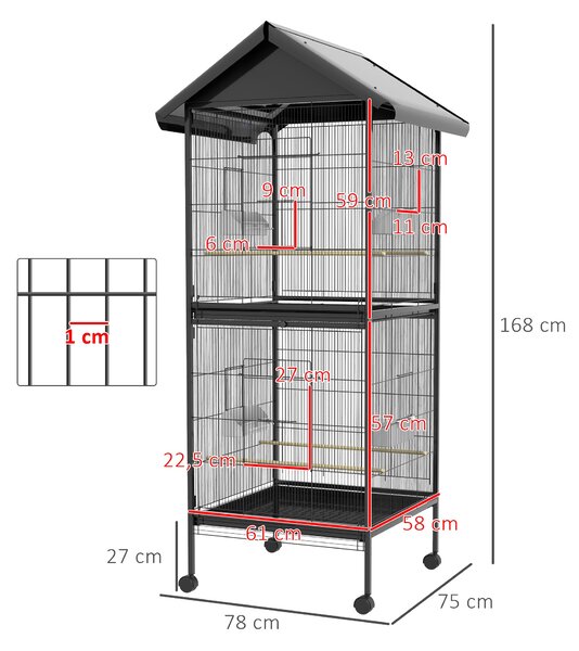PawHut 2-v-1 Velká voliera pro ptáky se 2 patry, přetvořitelná na samostatnou klec s 4 krmítky, 4 bidýlky a vyjímatelnými tácy pro kanárky, papoušky 7