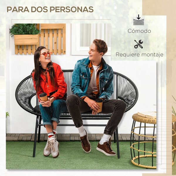 Outsunny 2-místná zahradní židle Acapulco s opěrkami, polstrováním a ocelovým rámem, nosnost 260 kg, pro balkon, terasu, patio, 132x72x83 cm, černá |