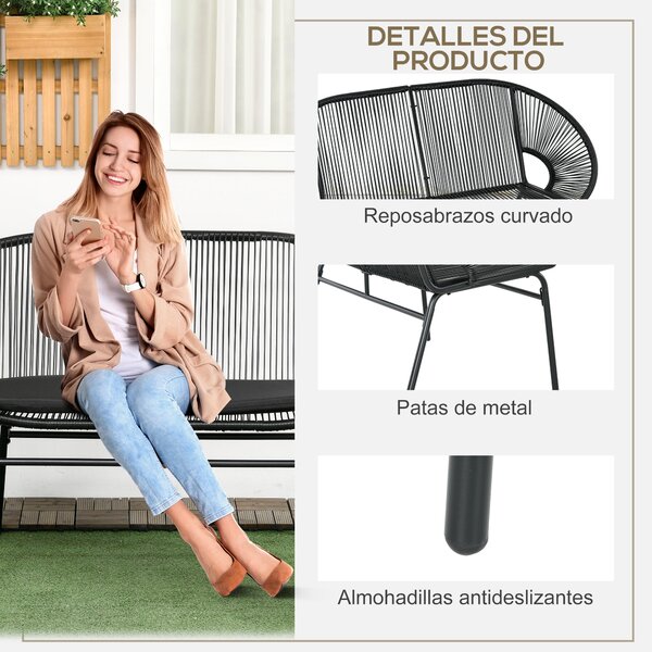 Outsunny 2-místná zahradní židle Acapulco s opěrkami, polstrováním a ocelovým rámem, nosnost 260 kg, pro balkon, terasu, patio, 132x72x83 cm, černá |
