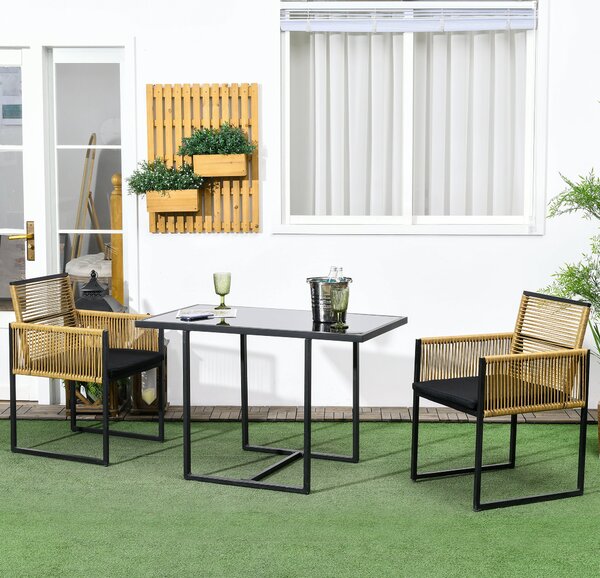 Outsunny 3dílná sestava zahradního nábytku s skládacími židlemi a skleněným stolem pro terasu a patio v přírodních a černých barvách | Aosom