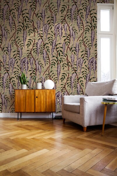 FUGU Botanická tapeta s vistárií – Wisteria Materiál: Digitální eko vlies - klasická tapeta nesamolepicí
