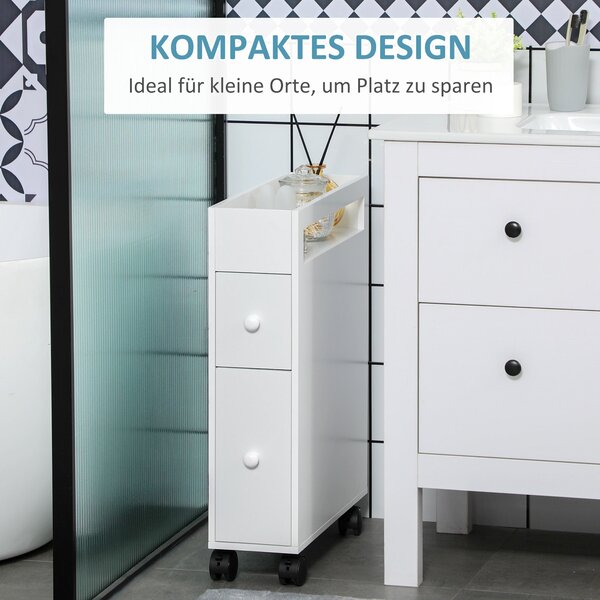 HOMCOM Úzký koupelnový kabinet s zásuvkou na kolečkách, Toaleta, Skříňka do koupelny, pro malé prostory, 16 x 49,5 x 66 cm, Bílá | Aosom