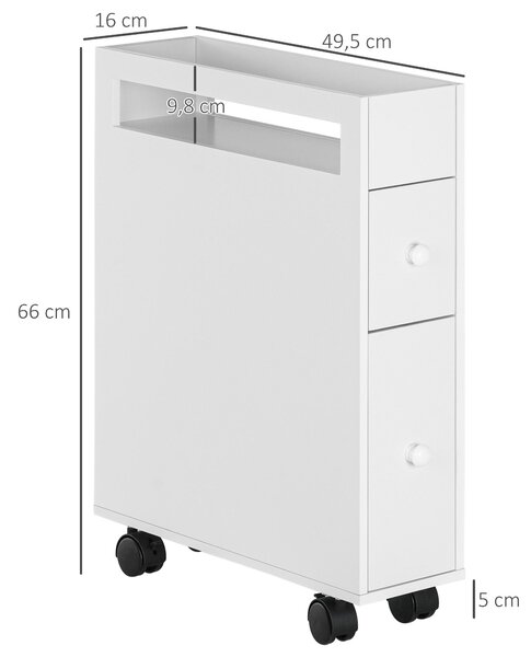 HOMCOM Úzký koupelnový kabinet s zásuvkou na kolečkách, Toaleta, Skříňka do koupelny, pro malé prostory, 16 x 49,5 x 66 cm, Bílá | Aosom