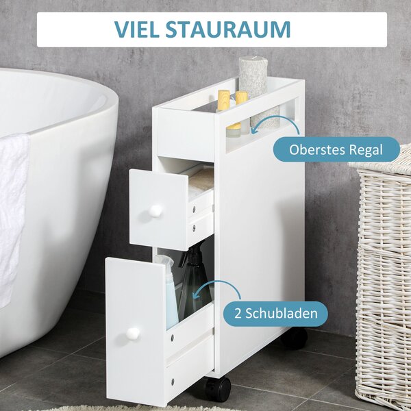 HOMCOM Úzký koupelnový kabinet s zásuvkou na kolečkách, Toaleta, Skříňka do koupelny, pro malé prostory, 16 x 49,5 x 66 cm, Bílá | Aosom