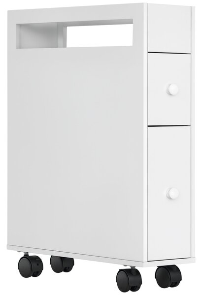 HOMCOM Úzký koupelnový kabinet s zásuvkou na kolečkách, Toaleta, Skříňka do koupelny, pro malé prostory, 16 x 49,5 x 66 cm, Bílá | Aosom