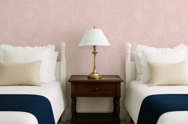 FUGU Světlá tapeta s popínavými růžemi – Trailing Roses Blush Materiál: Digitální eko vlies - klasická tapeta nesamolepicí