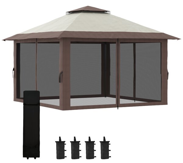 Outsunny Pavilon 4x4m Pevný Zimní Zahradní Stan s Dvojitou Střechou, UV Ochrana 50+ Sada Pro Party s 4 Bočními Panely a Písky pro Kempování, Béžový |