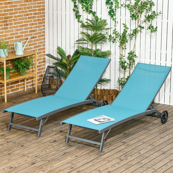 Outsunny Sada 2 venkovních zahradních lehátek, sklápěcí hliníková lehátka se 5 úrovněmi nastavení opěradla a kolečky pro pláž a bazén 165x66x102 cm Mo