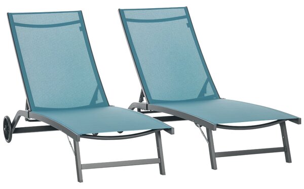Outsunny Sada 2 venkovních zahradních lehátek, sklápěcí hliníková lehátka se 5 úrovněmi nastavení opěradla a kolečky pro pláž a bazén 165x66x102 cm Mo