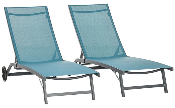 Outsunny Sada 2 venkovních zahradních lehátek, sklápěcí hliníková lehátka se 5 úrovněmi nastavení opěradla a kolečky pro pláž a bazén 165x66x102 cm Mo