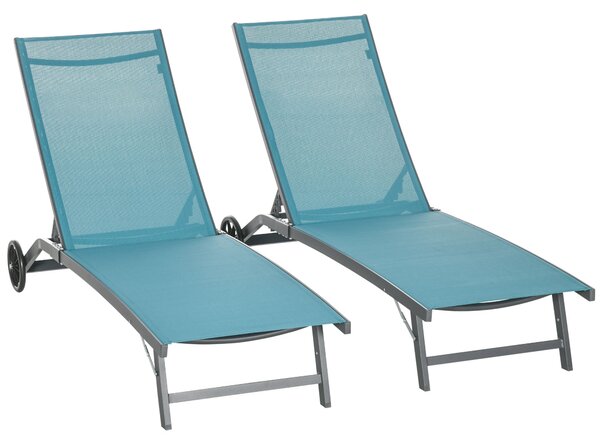 Outsunny Sada 2 venkovních zahradních lehátek, sklápěcí hliníková lehátka se 5 úrovněmi nastavení opěradla a kolečky pro pláž a bazén 165x66x102 cm Mo
