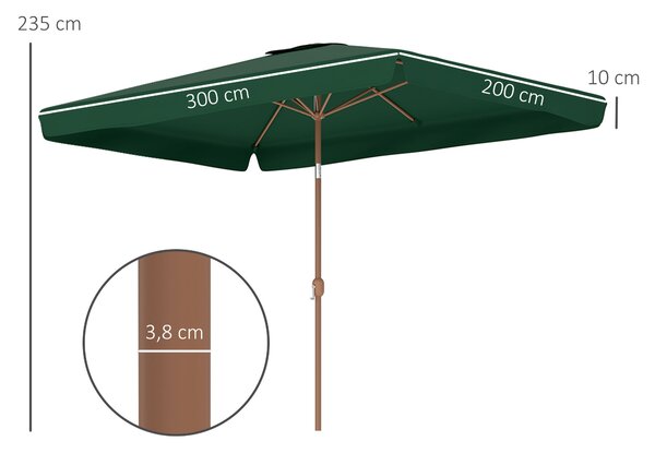 Outsunny Zahradní Slunečník 300x200 cm s Nastavitelným Úhlem, Hliníkovou Tyčí a UV ochranou 50+ pro Terasu a Zahradu Tmavě Zelená | Aosom